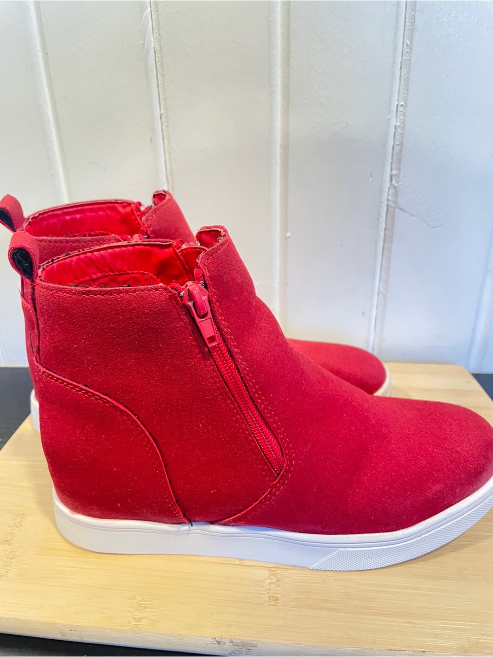Boutique Red Suede Wedge Sneaker Booties size 8